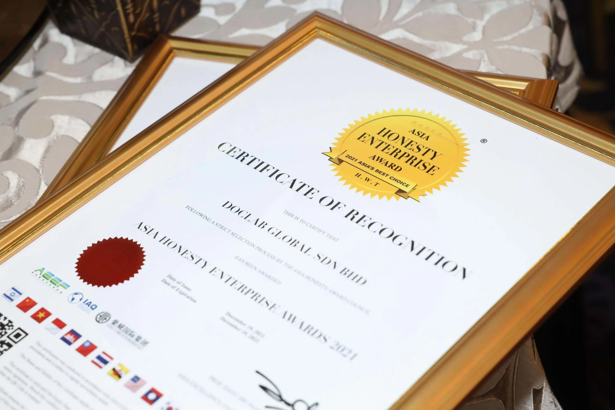 DocLab certificate of recognition at the 9th Asia Honesty Award Night