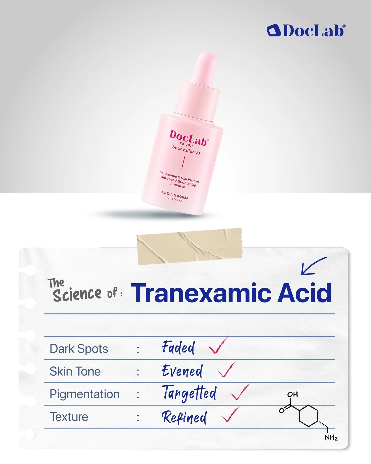 The science of tranexamic acid. Dark spots: faded. Skin tone: evened. Pigmentation: targeted. Texture: refined.